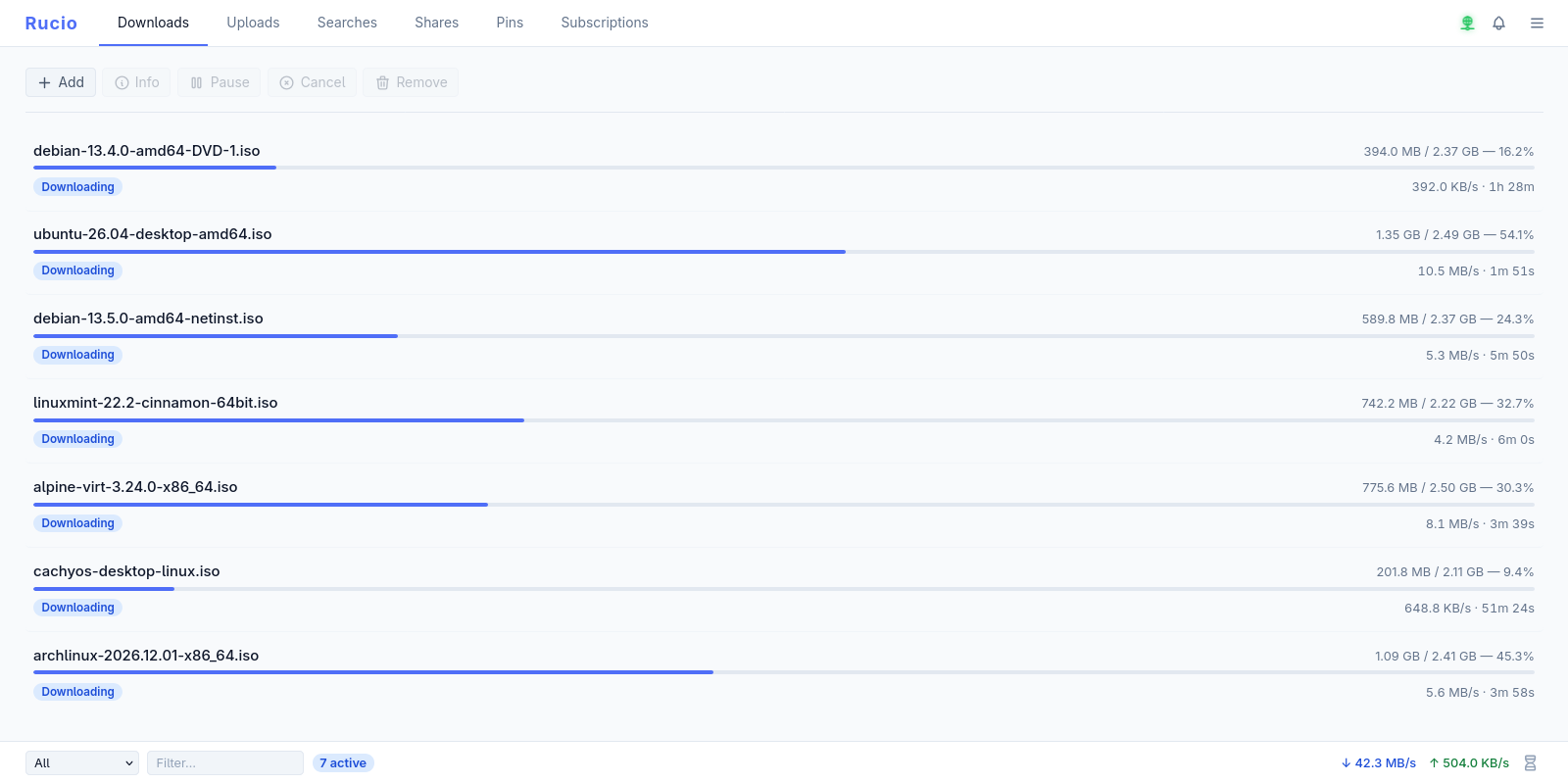Downloads in progress with live speed and ETA