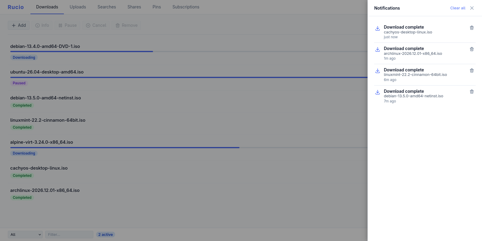 Notifications for completed transfers and node events