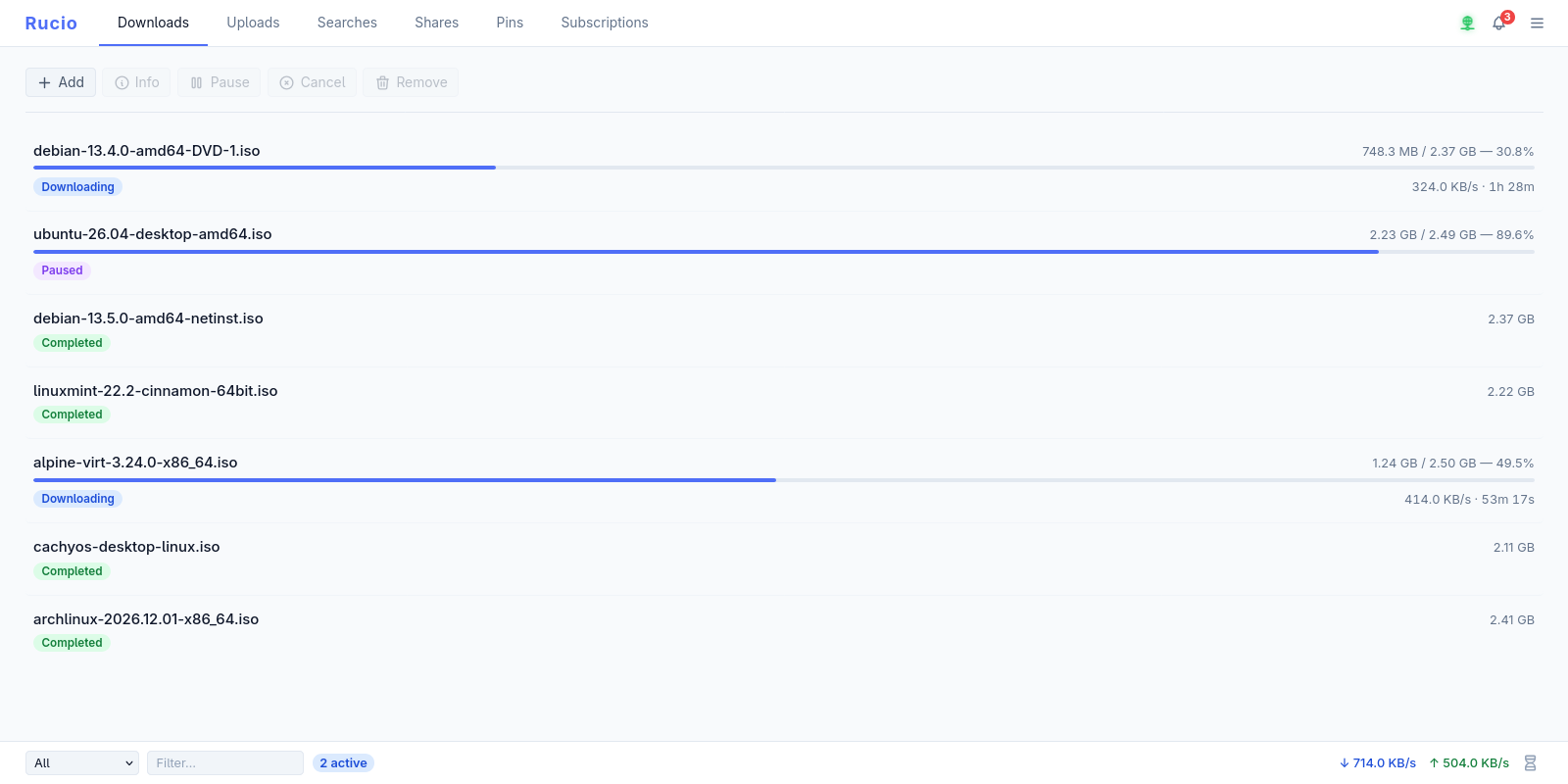 Rucio web panel showing active transfers