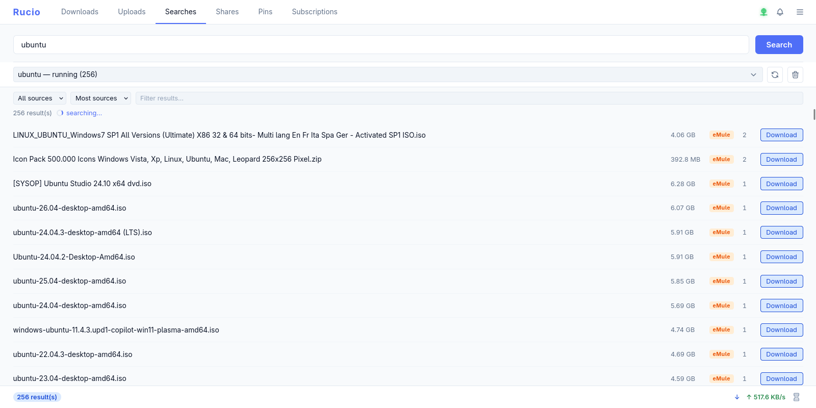 Unified search across the rucio and eMule networks