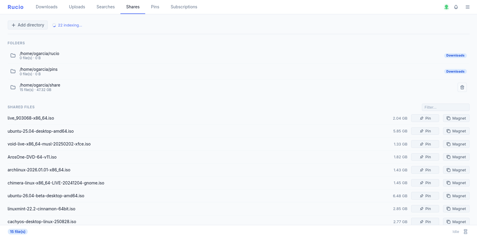 Shared folders indexed and announced to the network
